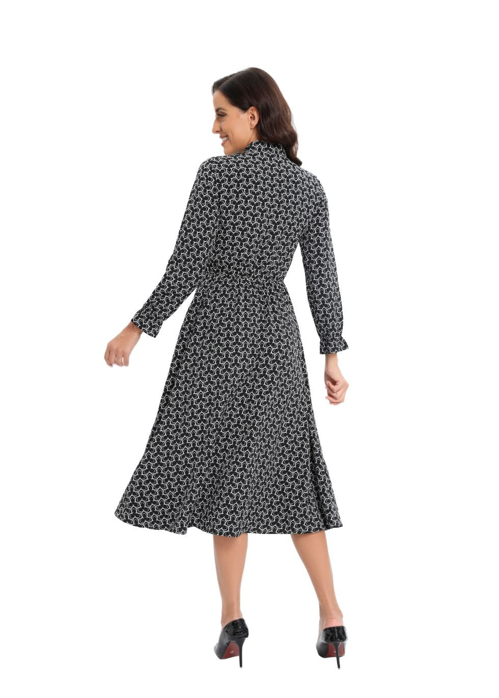 Long Sleeve Modern Print Modest Midi Dress - MissFinchNYC
