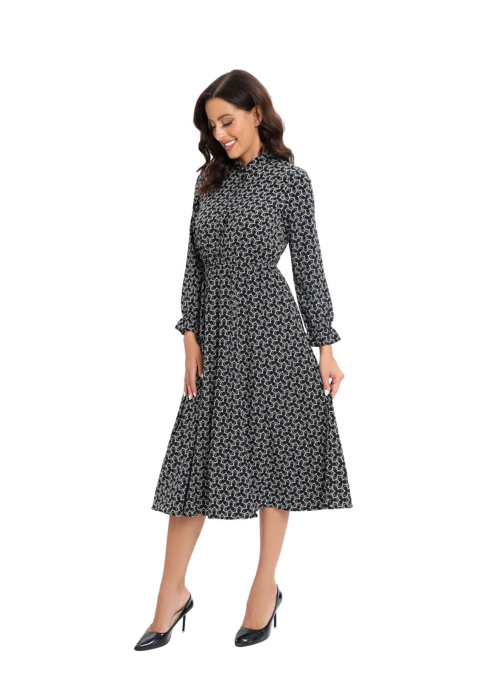 Long Sleeve Modern Print Modest Midi Dress - MissFinchNYC