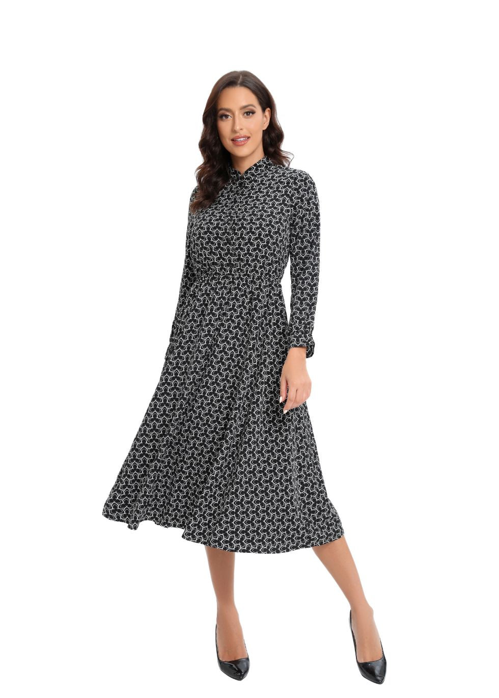 Long Sleeve Modern Print Modest Midi Dress - MissFinchNYC