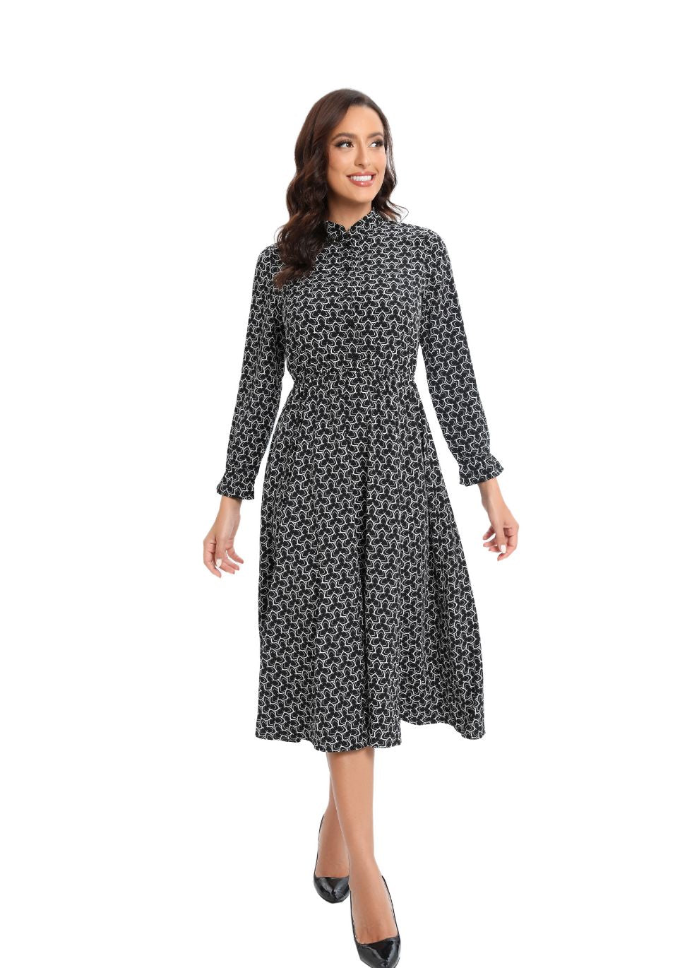 Long Sleeve Modern Print Modest Midi Dress - MissFinchNYC