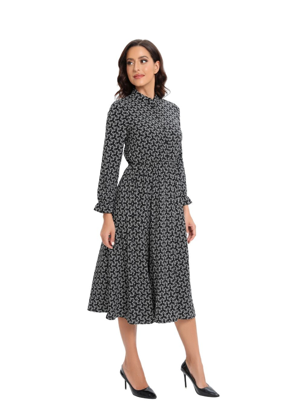 Long Sleeve Modern Print Modest Midi Dress - MissFinchNYC