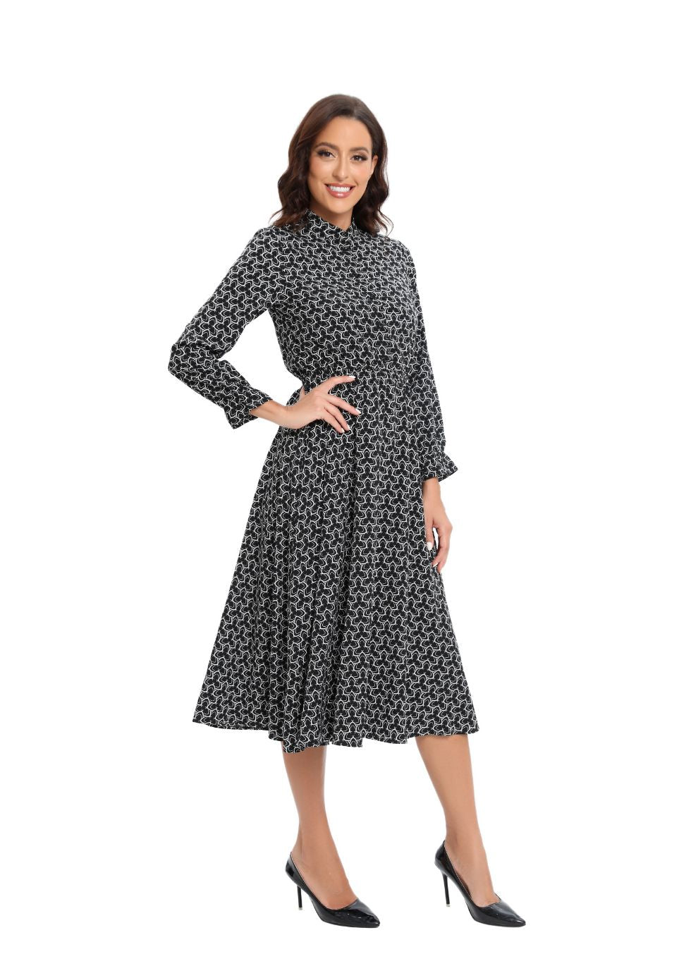 Long Sleeve Modern Print Modest Midi Dress - MissFinchNYC