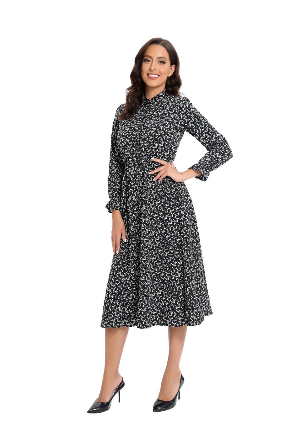 Long Sleeve Modern Print Modest Midi Dress - MissFinchNYC