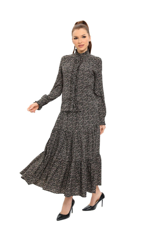 Long Sleeves Ruffle Detailed Midi Dress Two Piece Set - MissFinchNYC