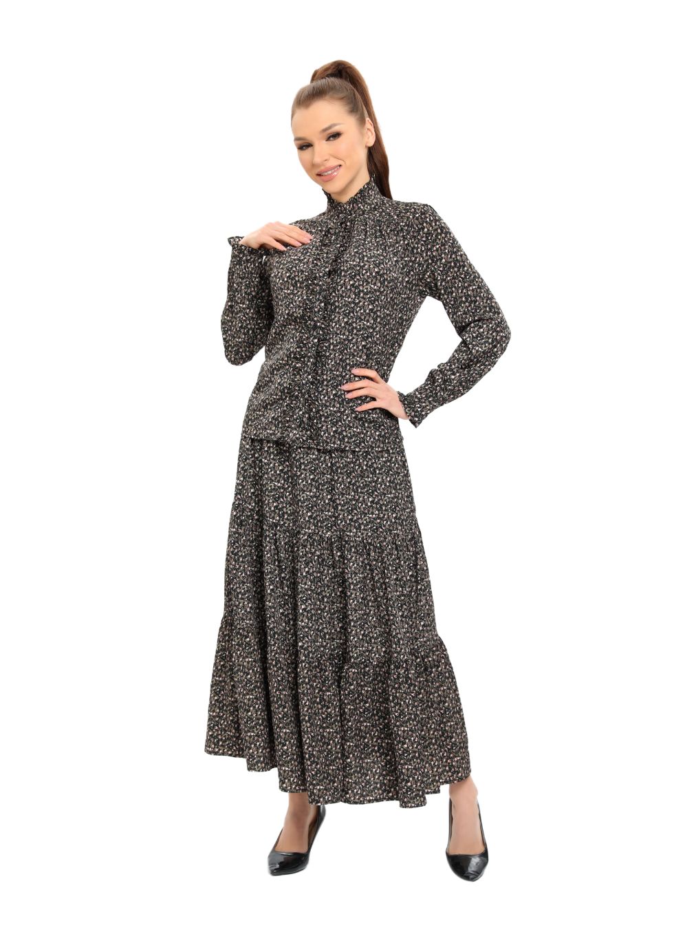 Long Sleeves Ruffle Detailed Midi Dress Two Piece Set - MissFinchNYC