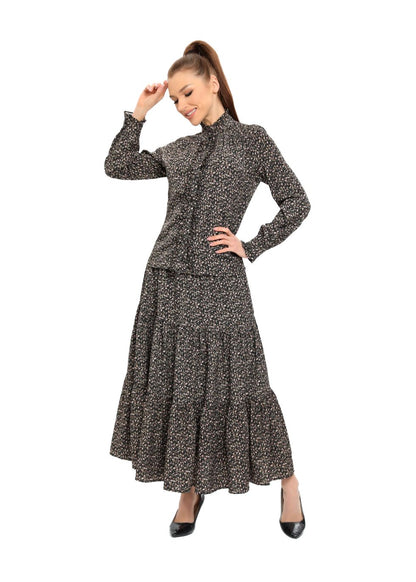Long Sleeves Ruffle Detailed Midi Dress Two Piece Set - MissFinchNYC