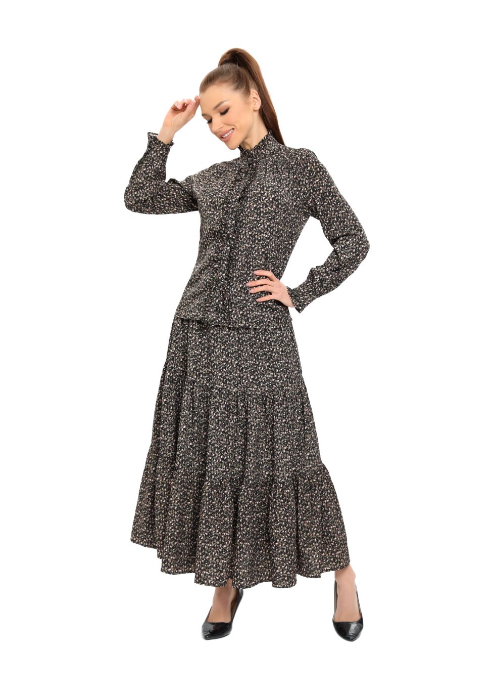 Long Sleeves Ruffle Detailed Midi Dress Two Piece Set - MissFinchNYC