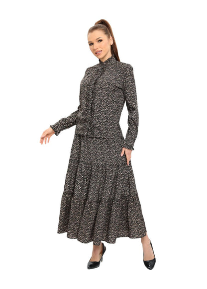Long Sleeves Ruffle Detailed Midi Dress Two Piece Set - MissFinchNYC