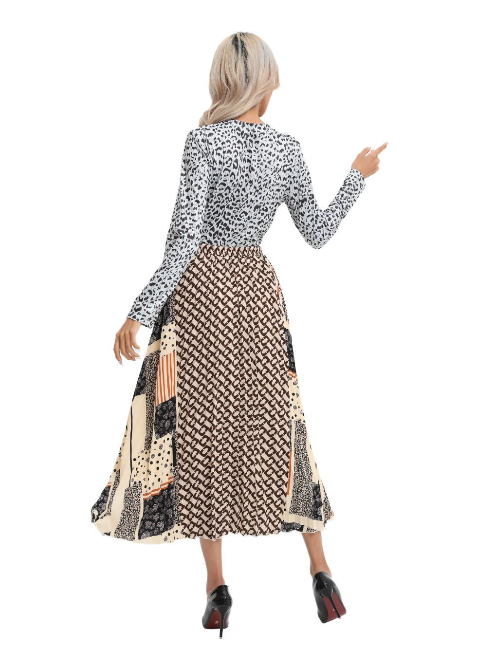 Mixed Print Midi Pleated Skirt - MissFinchNYC
