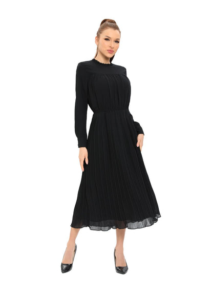 Long Sleeve Micro Pleated Skirt Midi Dress - MissFinchNYC