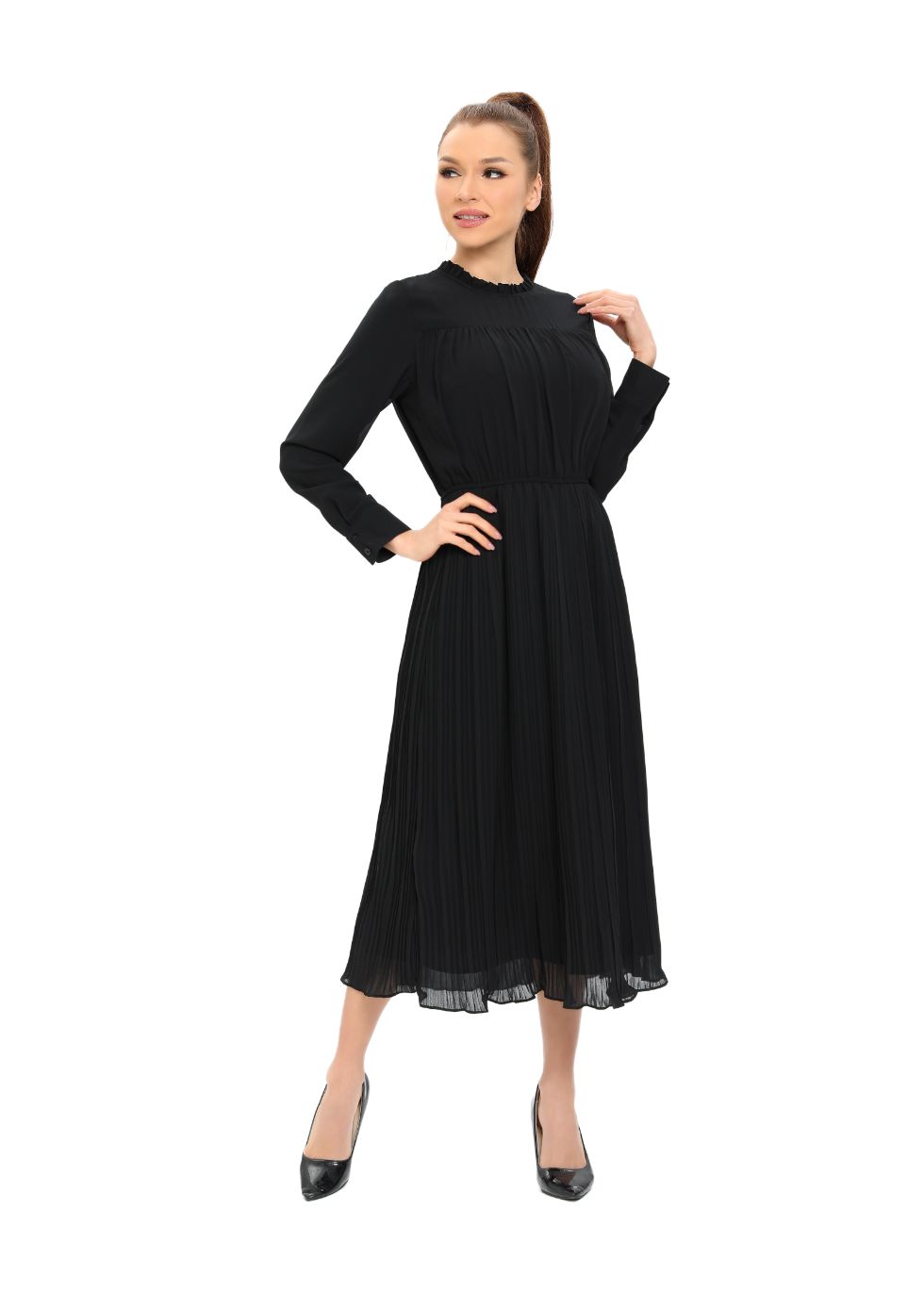 Long Sleeve Micro Pleated Skirt Midi Dress