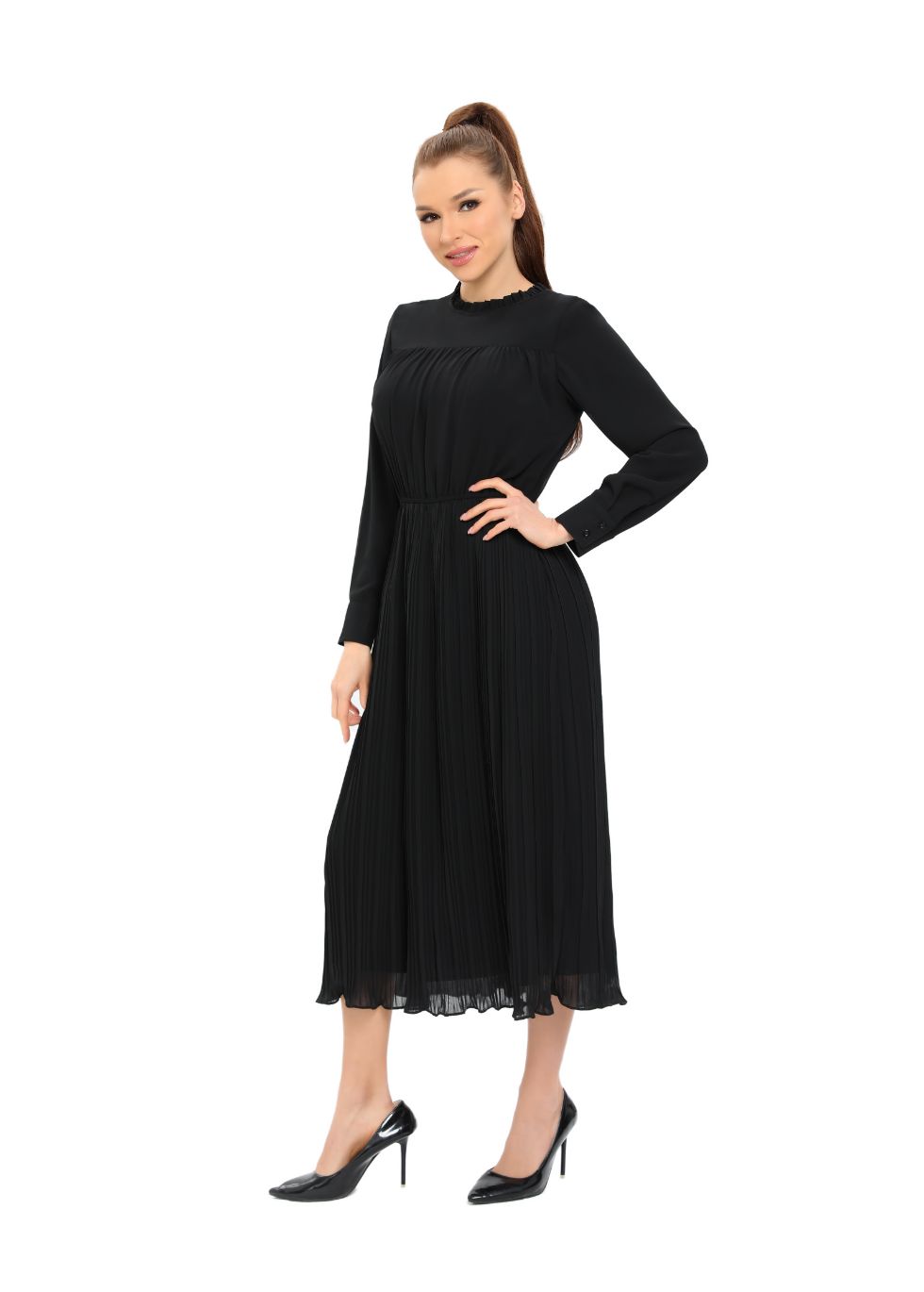 Long Sleeve Micro Pleated Skirt Midi Dress - MissFinchNYC