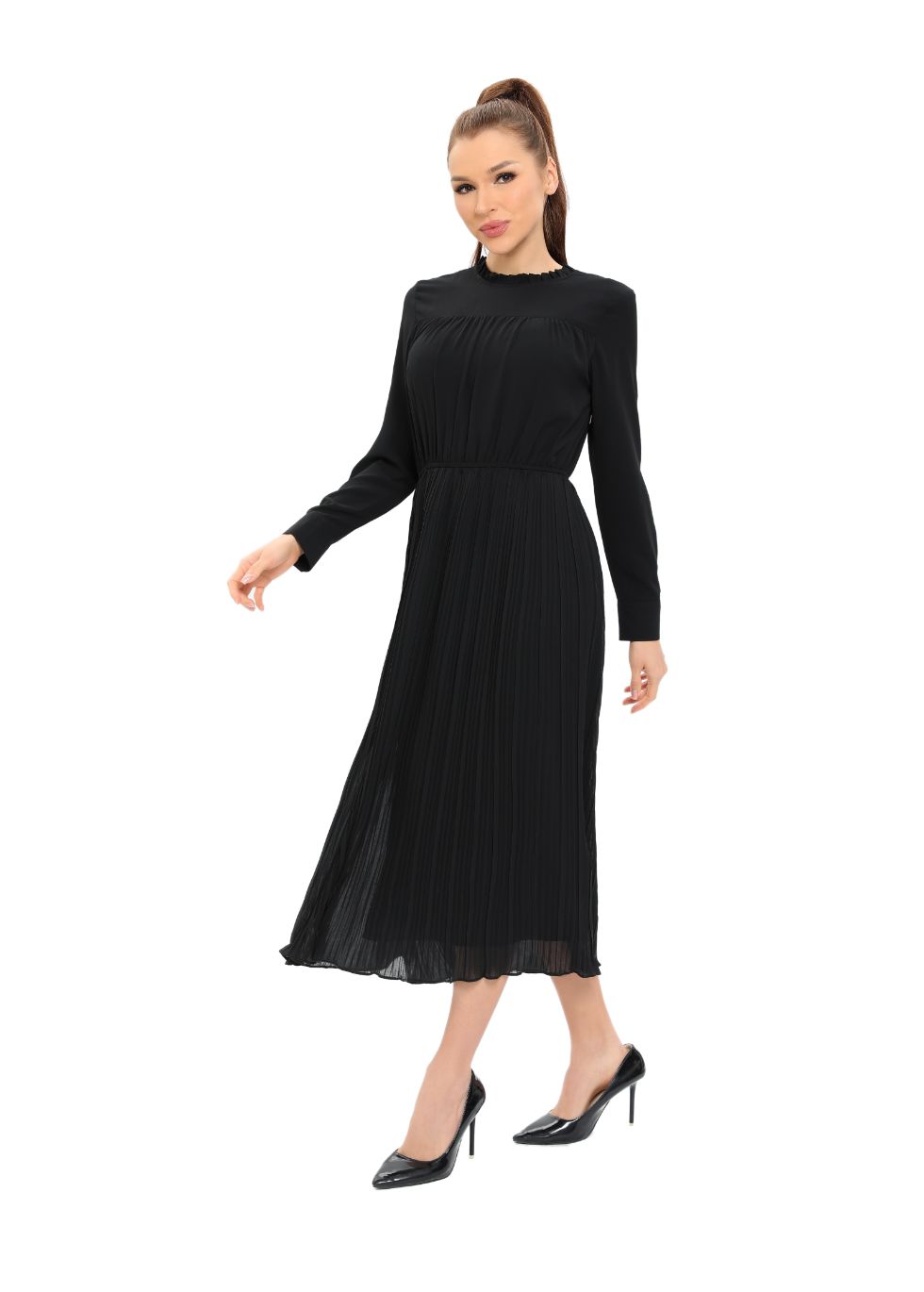 Long Sleeve Micro Pleated Skirt Midi Dress - MissFinchNYC