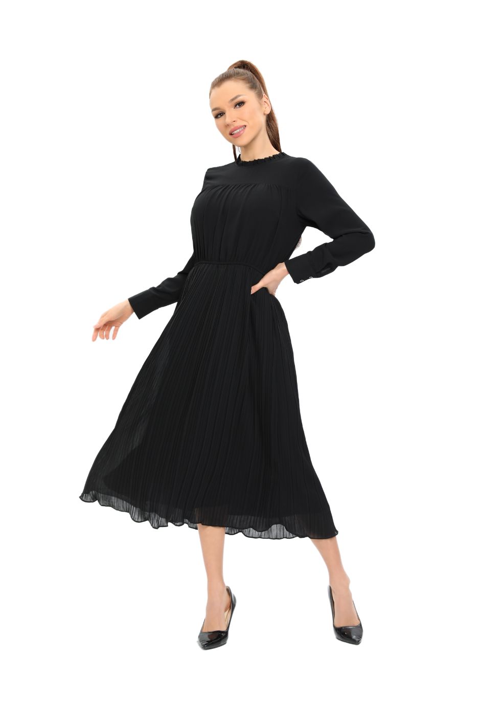 Long Sleeve Micro Pleated Skirt Midi Dress - MissFinchNYC