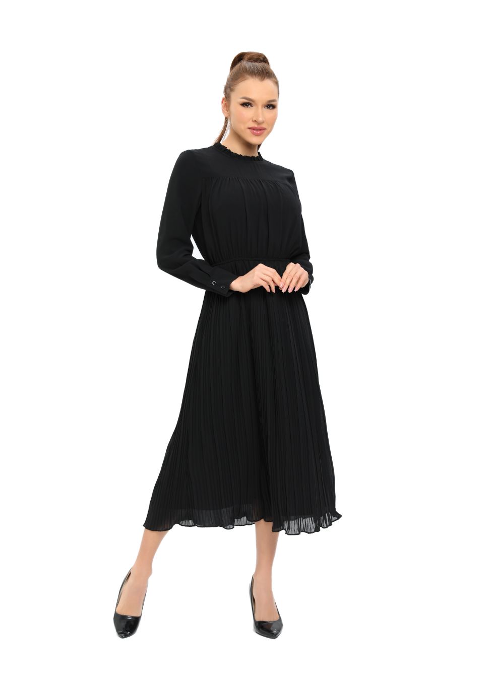 Long Sleeve Micro Pleated Skirt Midi Dress - MissFinchNYC