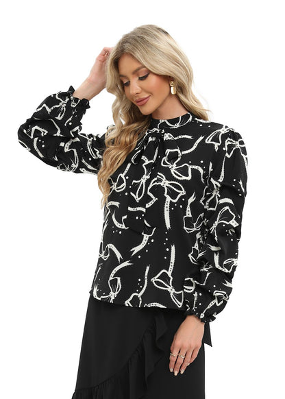 Tiered Long Sleeve Blouse with Front Tie - MissFinchNYC