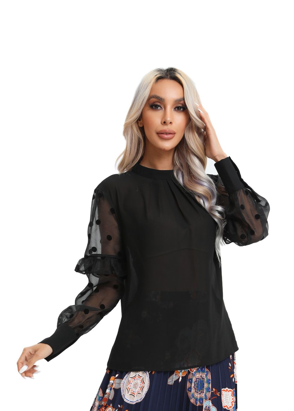 Polka Dot Sheer Sleeve Black Top - MissFinchNYC