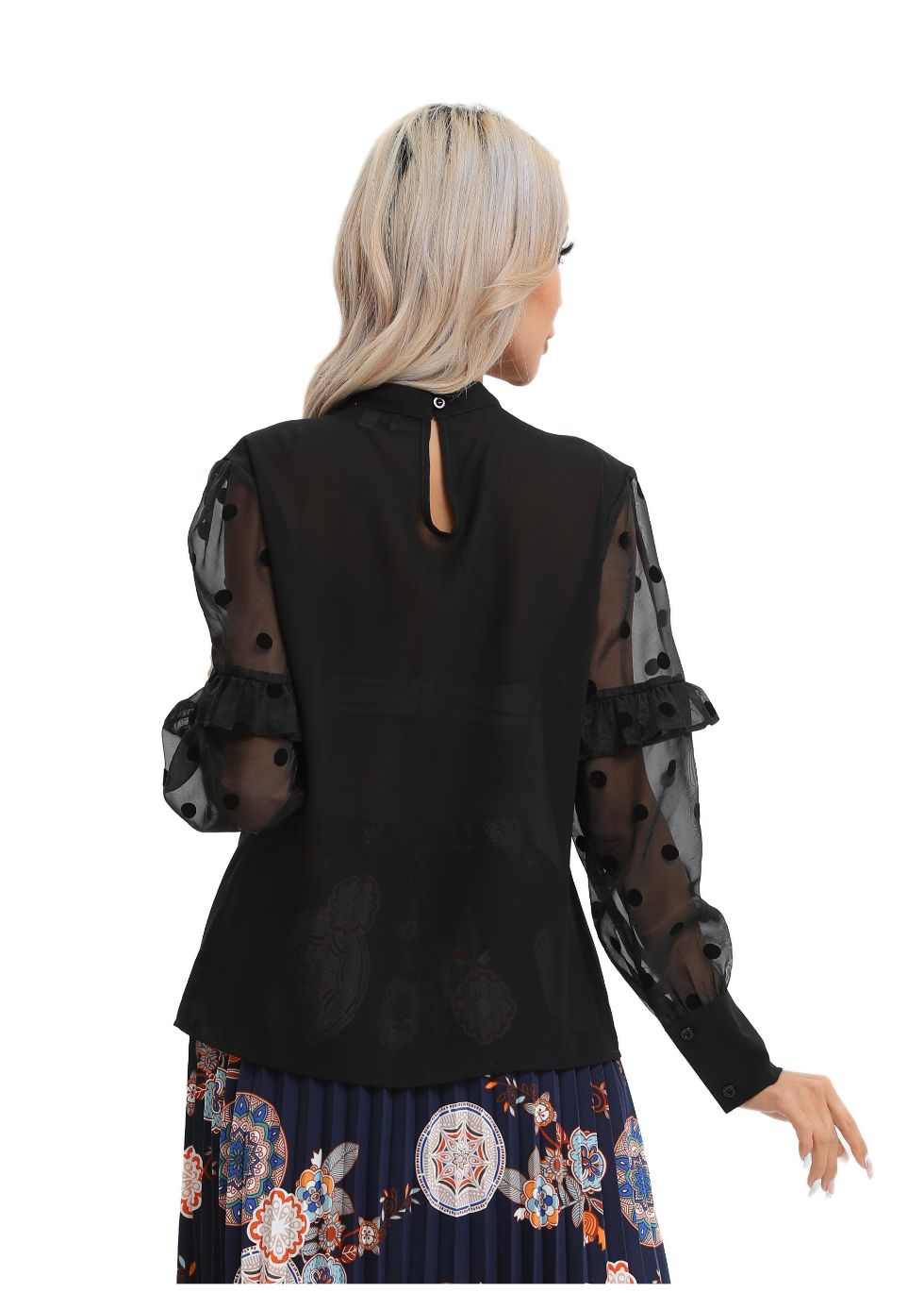 Polka Dot Sheer Sleeve Black Top - MissFinchNYC