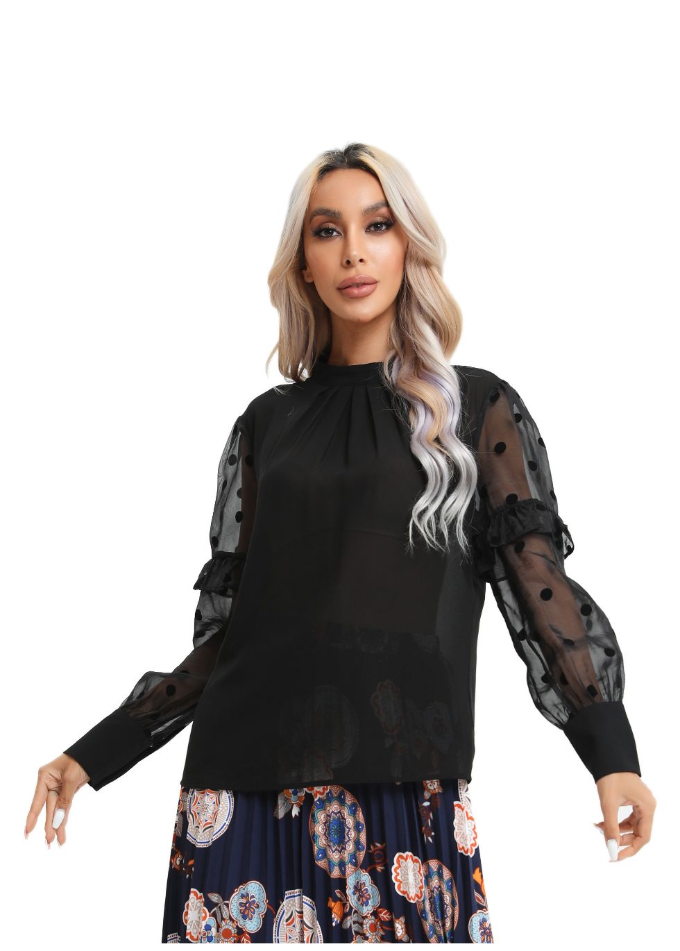 Polka Dot Sheer Sleeve Black Top - MissFinchNYC