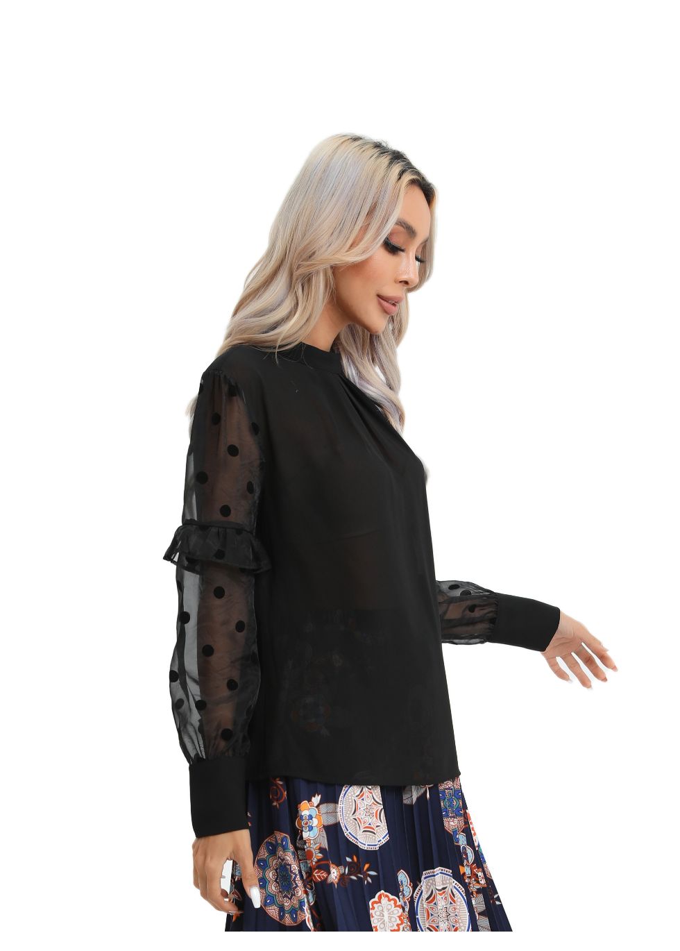 Polka Dot Sheer Sleeve Black Top - MissFinchNYC