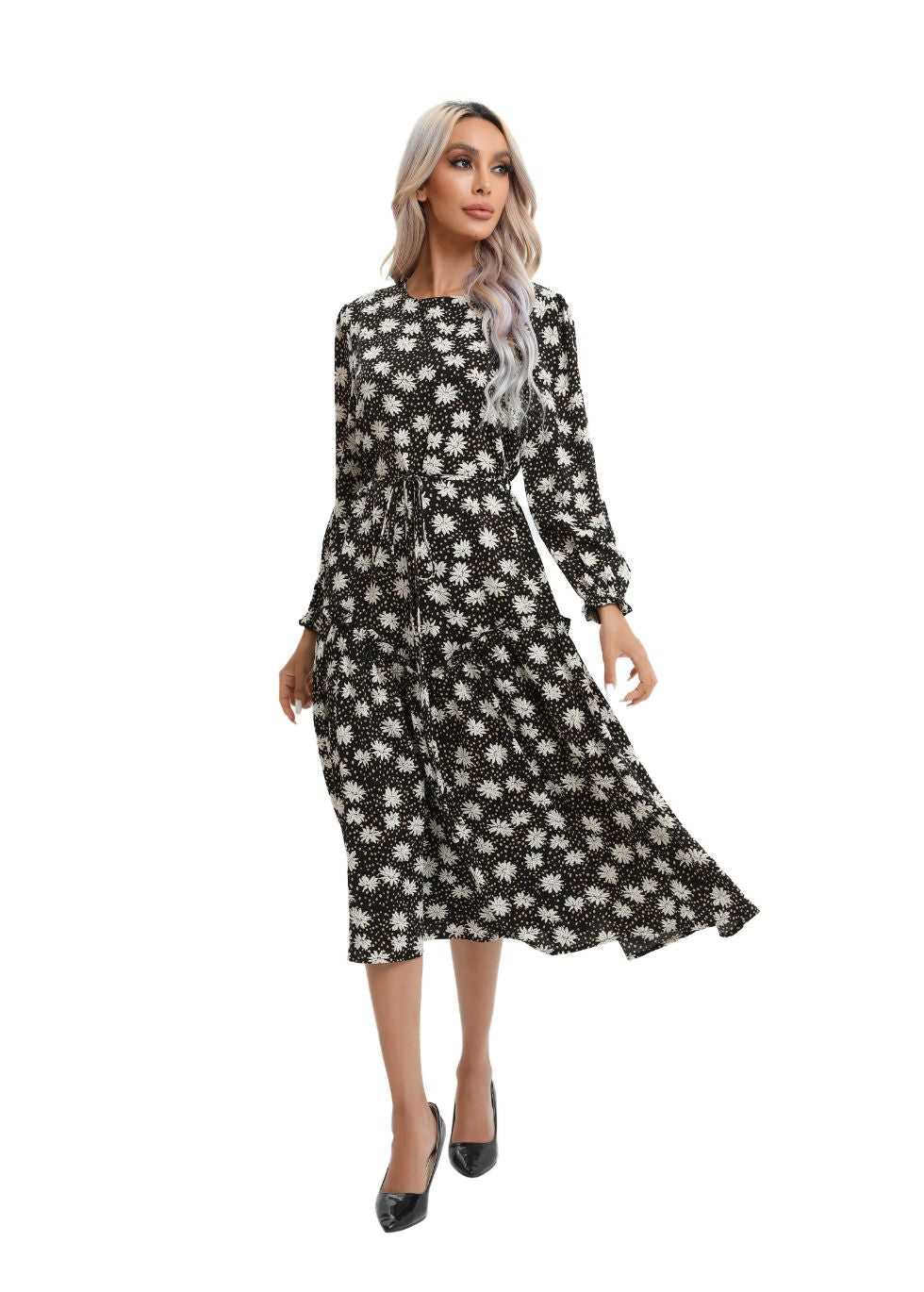 Modest Floral Midi Dress with Light Front Tie - MissFinchNYC