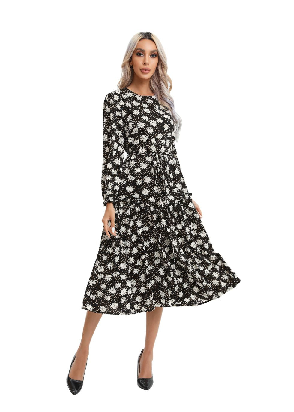 Modest Floral Midi Dress with Light Front Tie - MissFinchNYC