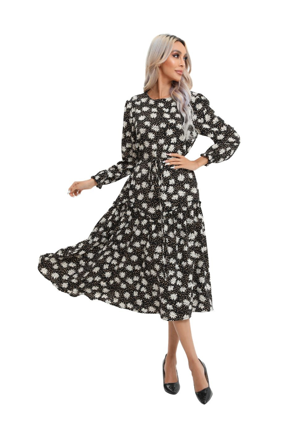 Modest Floral Midi Dress with Light Front Tie - MissFinchNYC