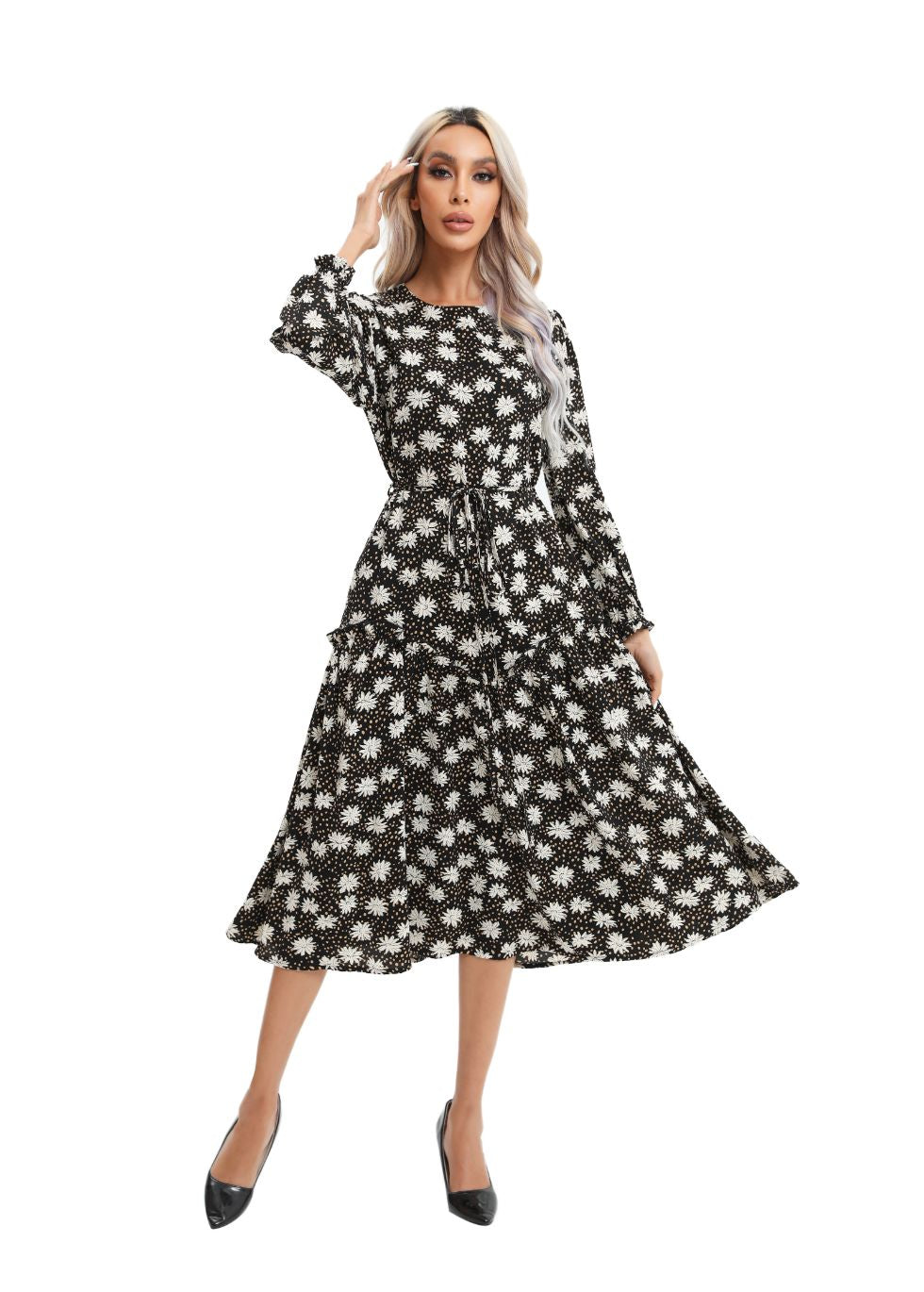 Modest Floral Midi Dress with Light Front Tie - MissFinchNYC