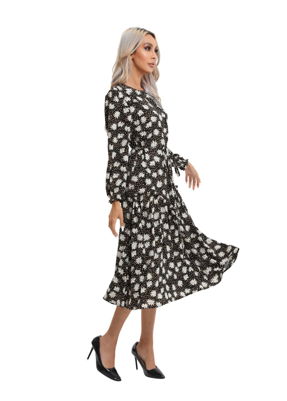 Modest Floral Midi Dress with Light Front Tie - MissFinchNYC