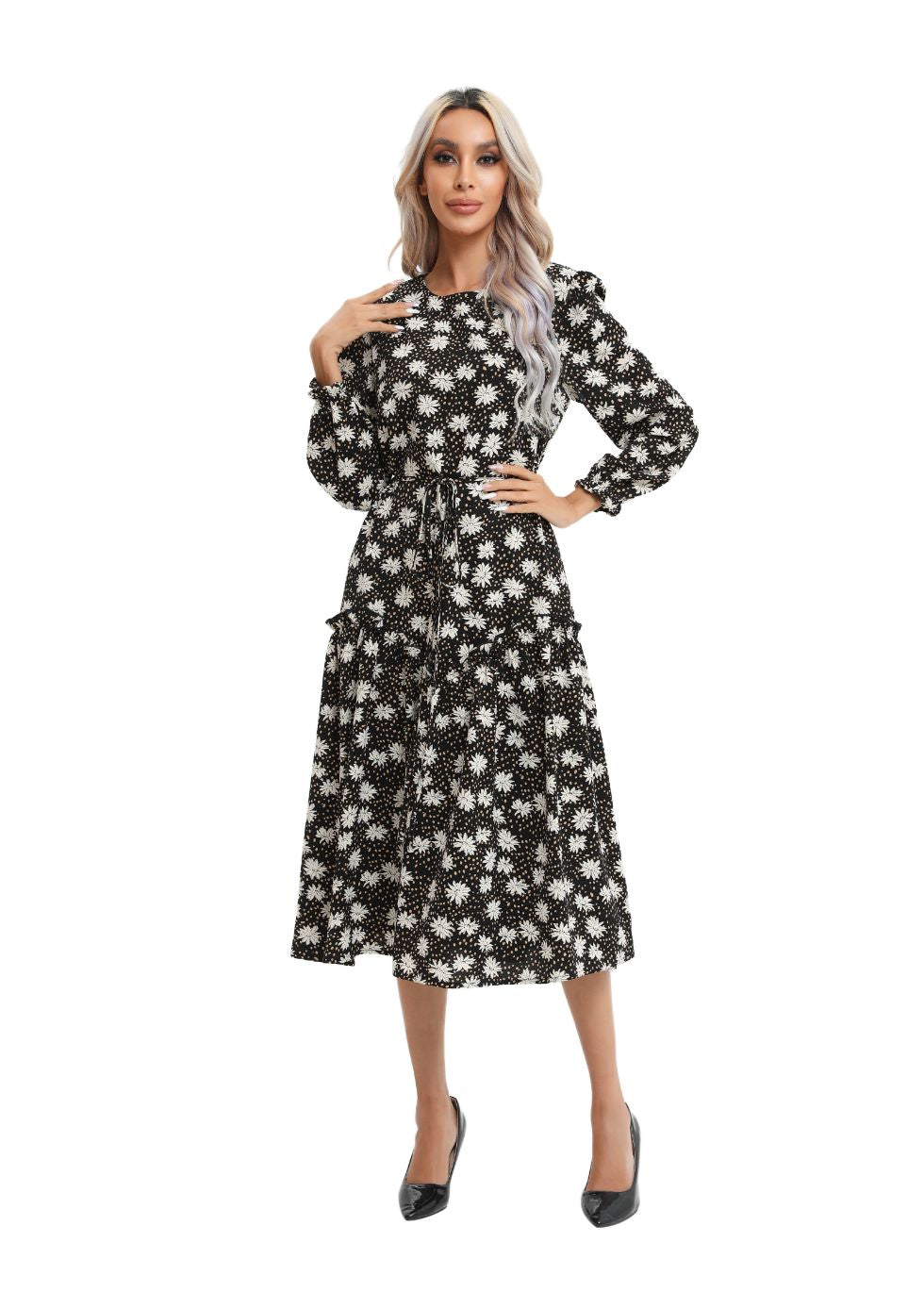 Modest Floral Midi Dress with Light Front Tie - MissFinchNYC