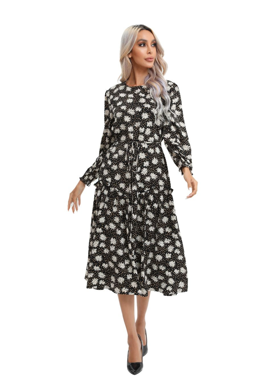 Modest Floral Midi Dress with Light Front Tie - MissFinchNYC