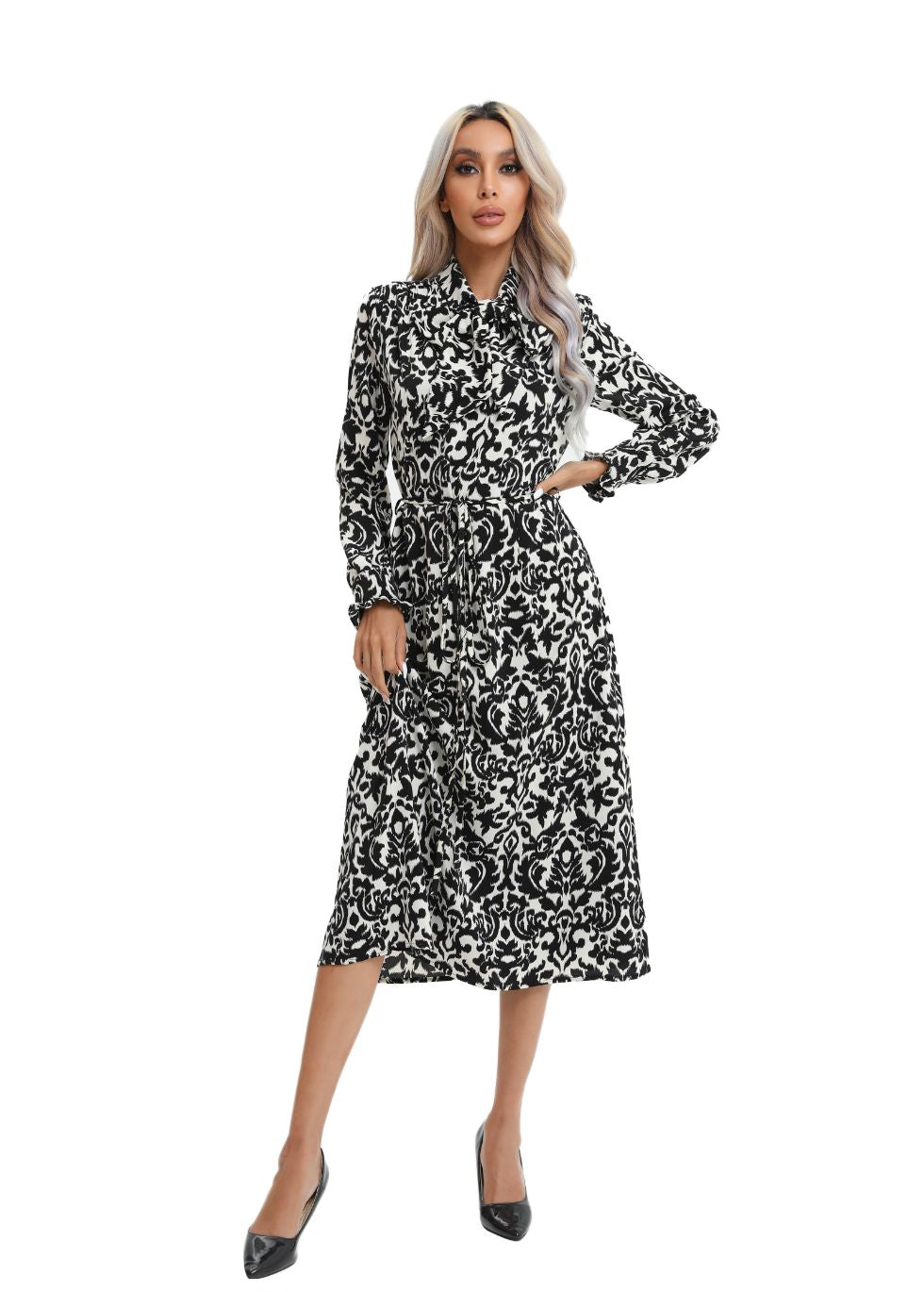 Modest Monochrome Midi Dress with Detached Belt - MissFinchNYC