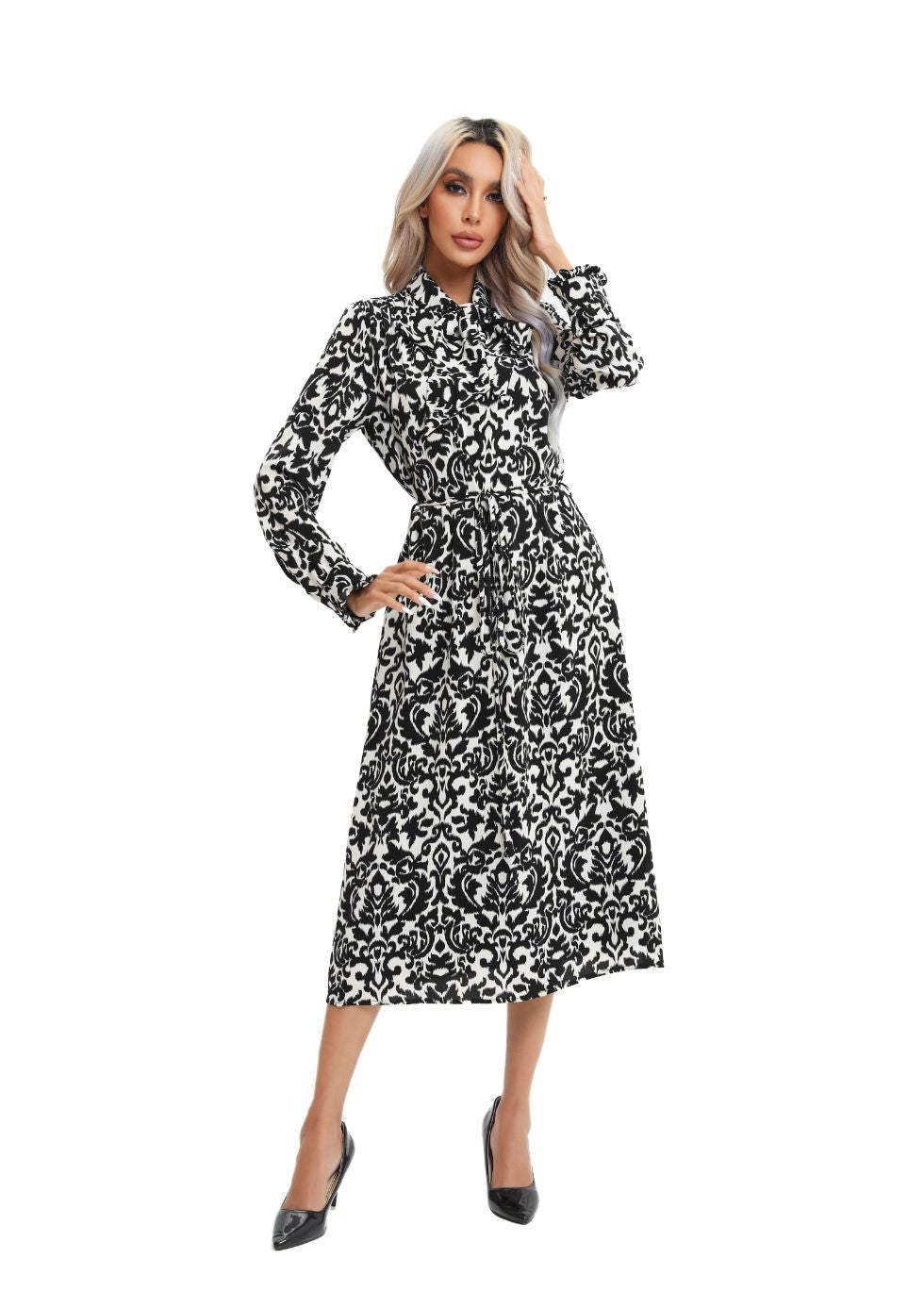 Modest Monochrome Midi Dress with Detached Belt - MissFinchNYC