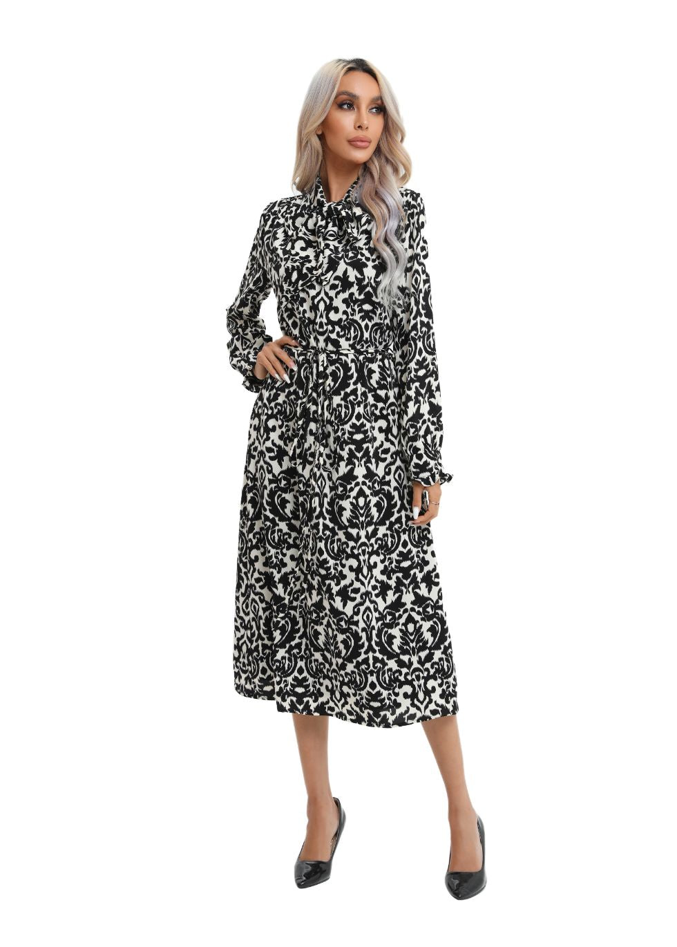 Modest Monochrome Midi Dress with Detached Belt - MissFinchNYC