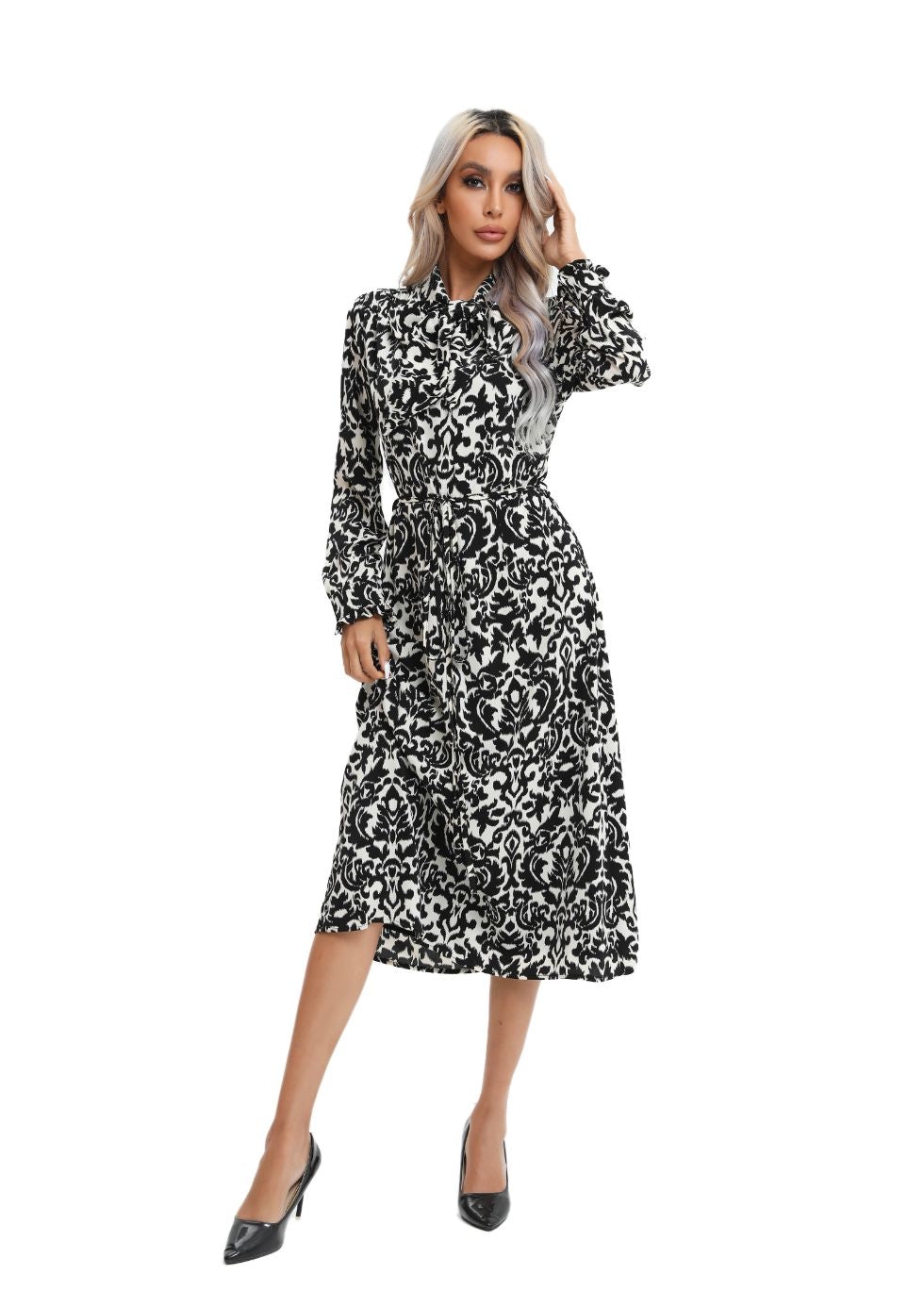 Modest Monochrome Midi Dress with Detached Belt - MissFinchNYC