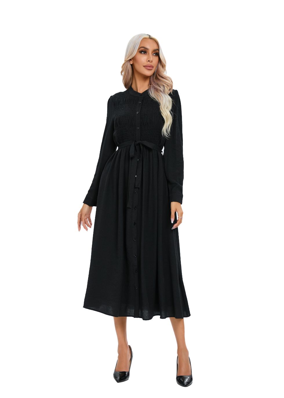 Mock Button Self Tie Midi Dress - MissFinchNYC