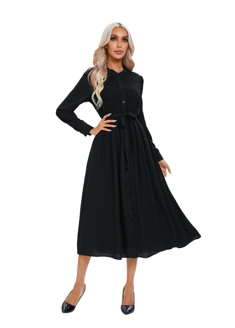 Mock Button Self Tie Midi Dress - MissFinchNYC