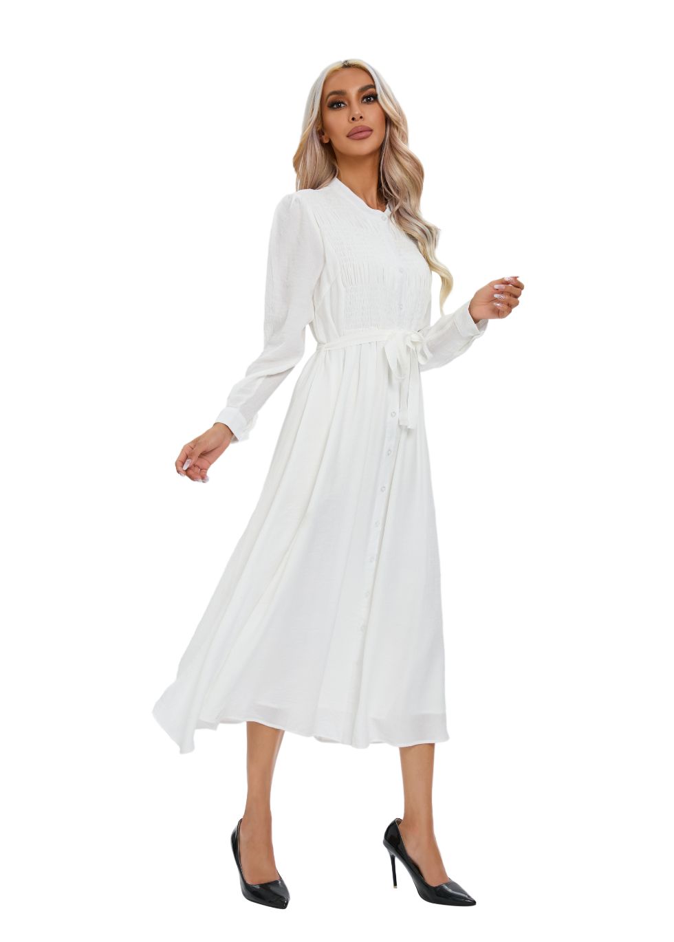 Mock Button Self Tie Midi Dress - MissFinchNYC