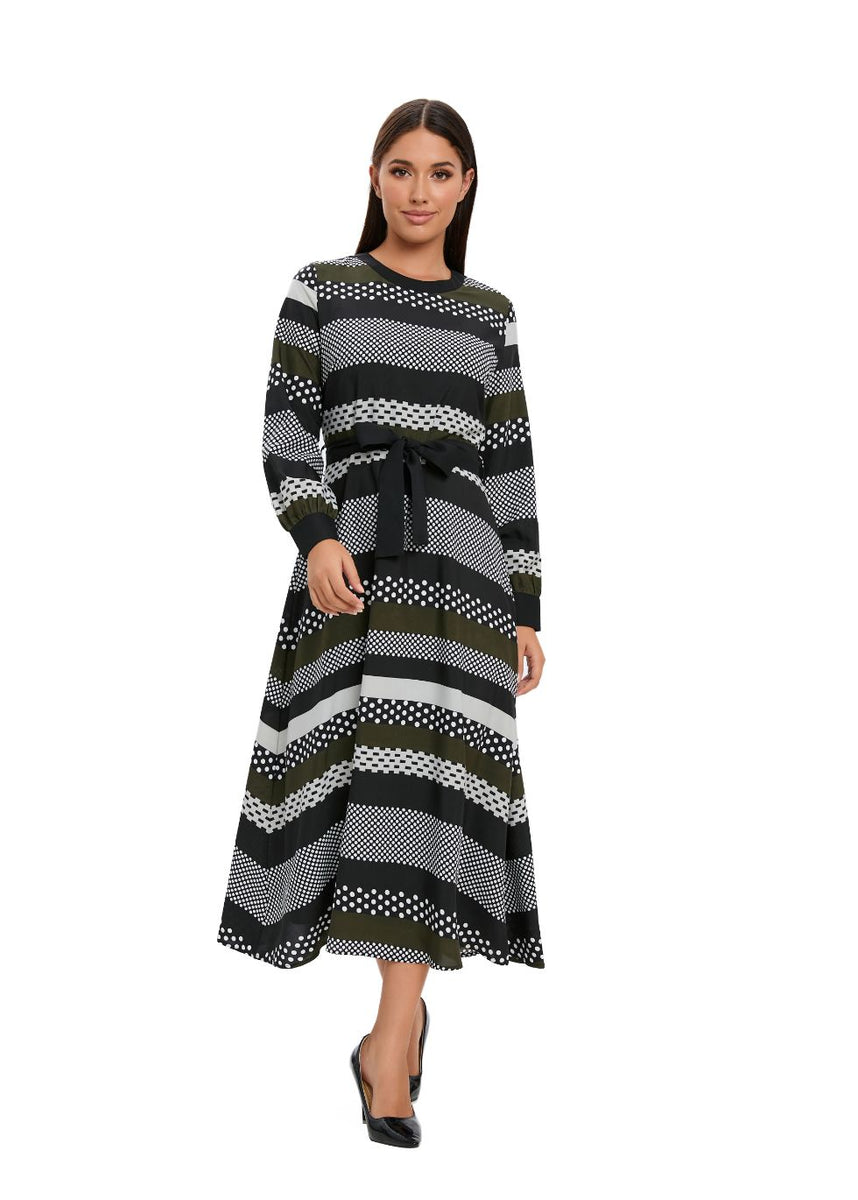 solid and striped long sleeve dress Striped Long Sleeve Midi Dress with Cuffed Sleeves S
