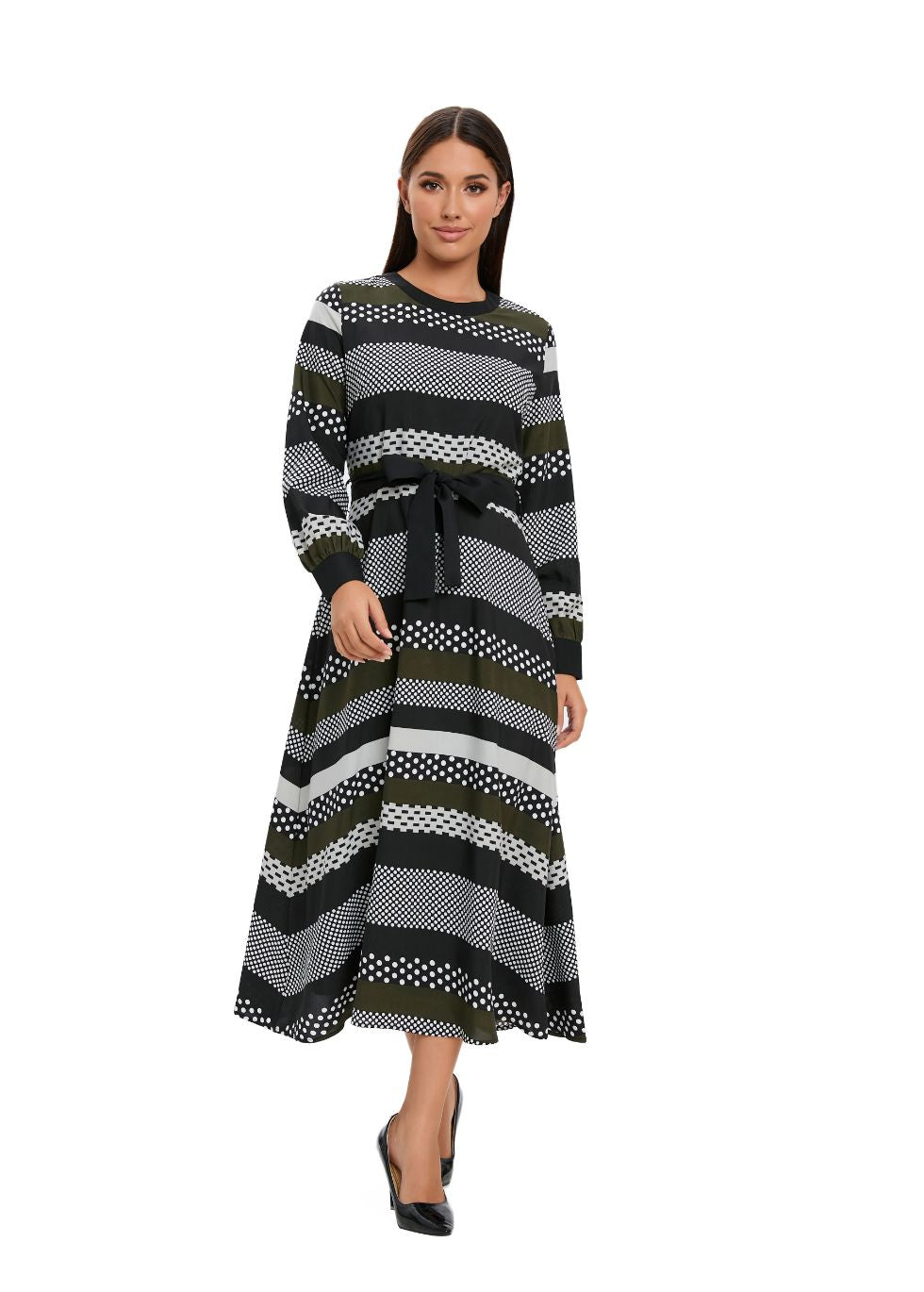 Striped Long Sleeve Midi Dress with Cuffed Sleeves - MissFinchNYC