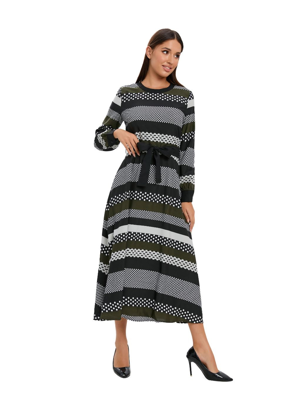 Striped Long Sleeve Midi Dress with Cuffed Sleeves - MissFinchNYC