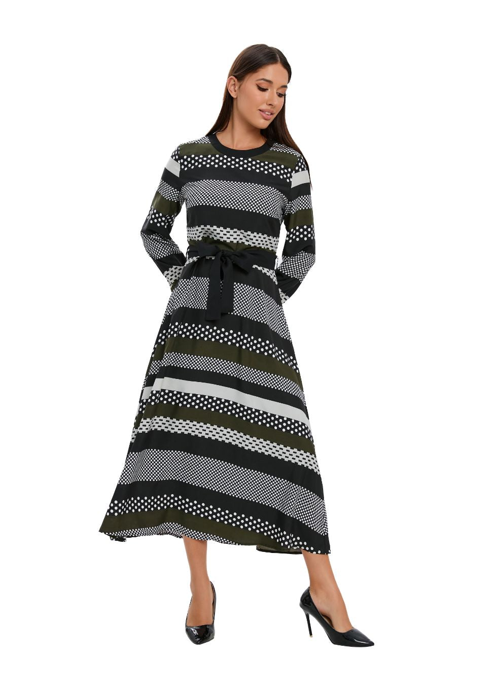 Striped Long Sleeve Midi Dress with Cuffed Sleeves - MissFinchNYC