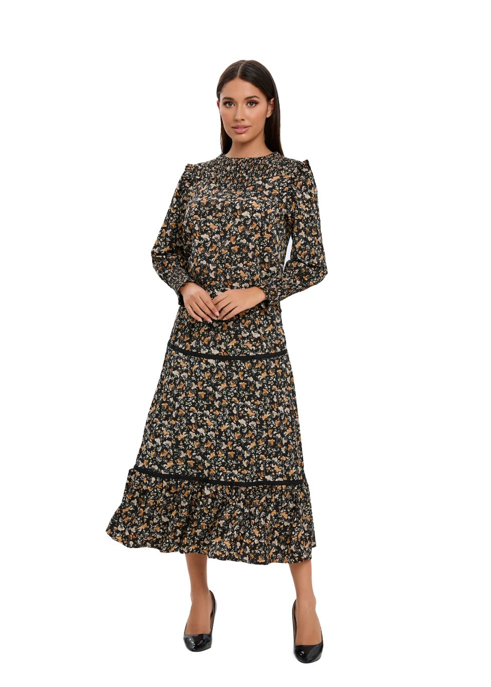 Small Floral Print Two Piece Midi Dress Set - MissFinchNYC