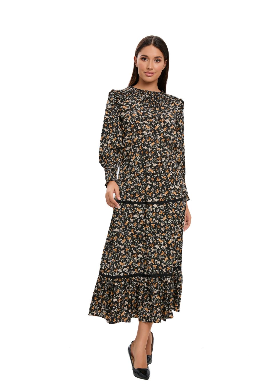 Small Floral Print Two Piece Midi Dress Set - MissFinchNYC