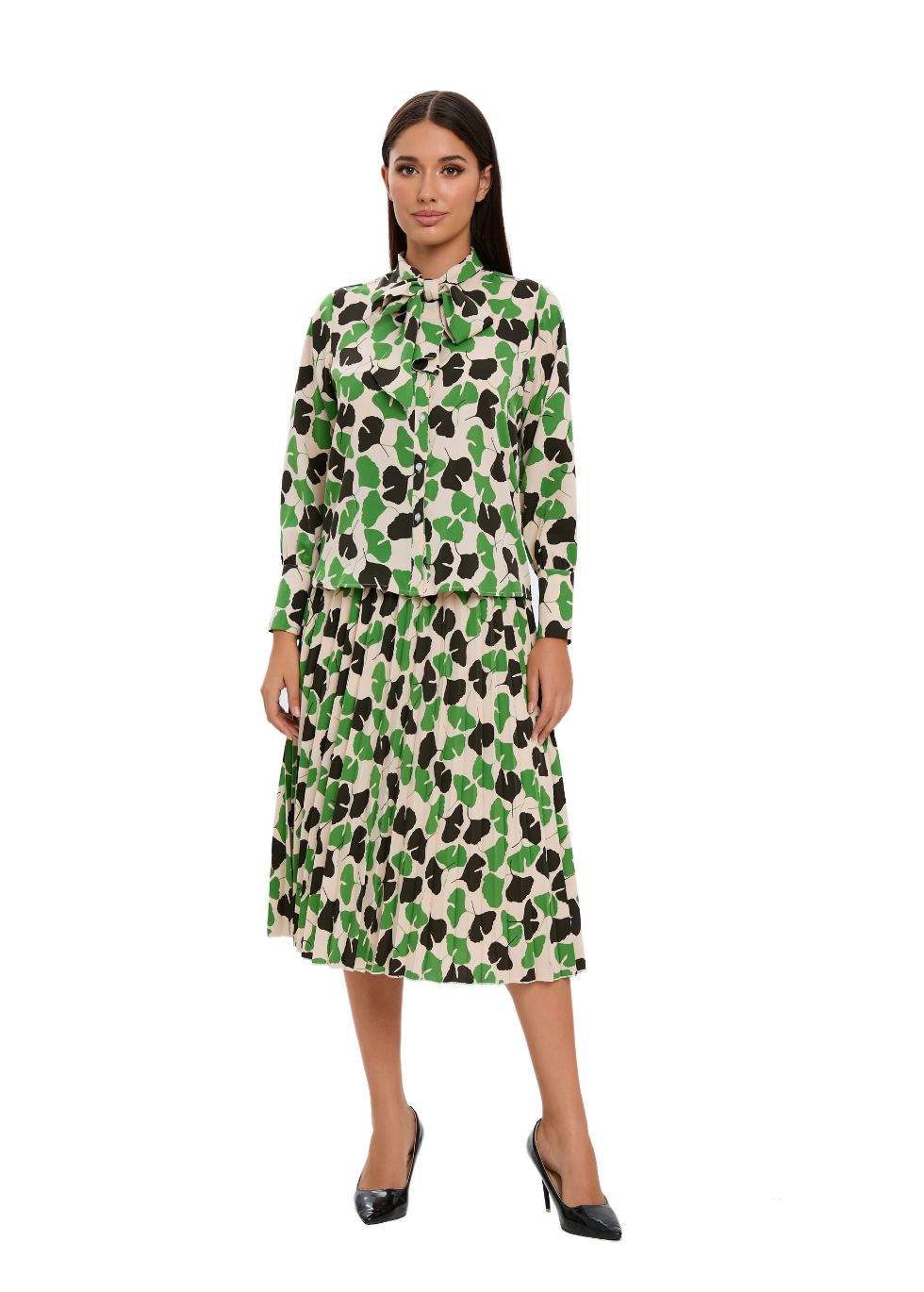 Long Sleeve Spring Print Two Piece Midi Dress Set - MissFinchNYC