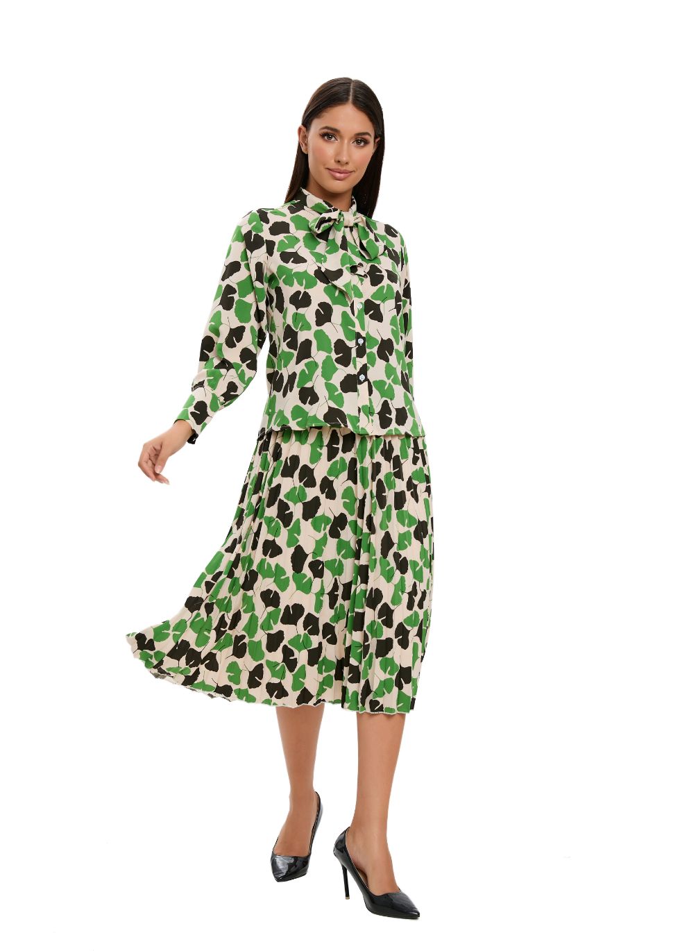 Long Sleeve Spring Print Two Piece Midi Dress Set - MissFinchNYC