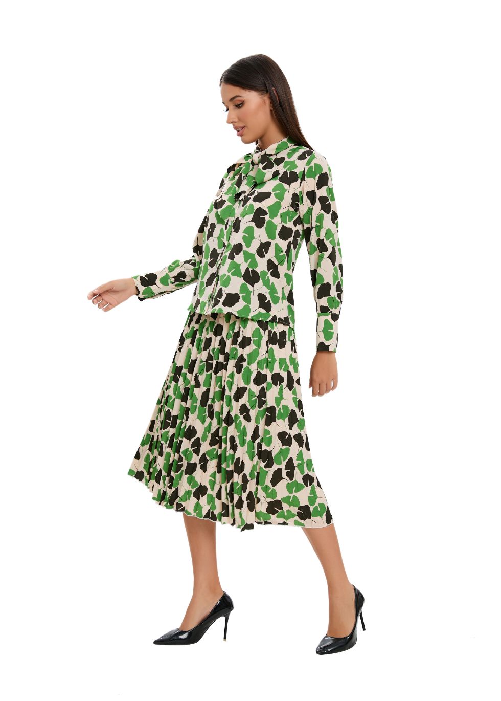 Long Sleeve Spring Print Two Piece Midi Dress Set - MissFinchNYC