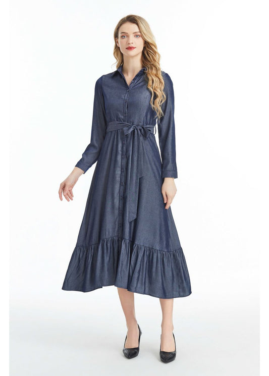 Denim Look Midi Dress with Cuffed Sleeves - MissFinchNYC
