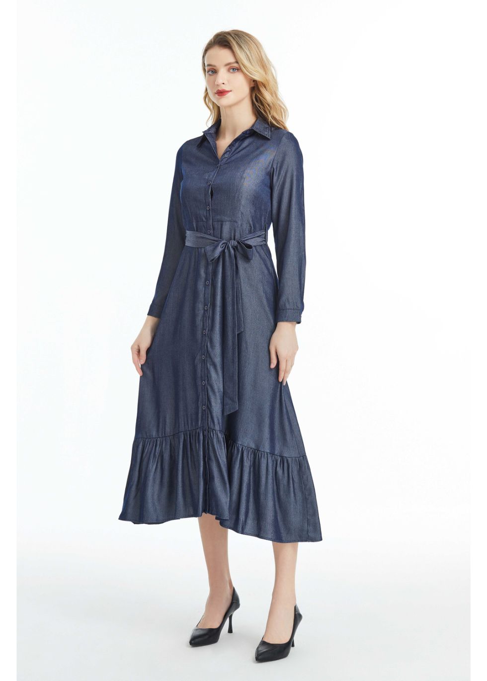 Denim Look Midi Dress with Cuffed Sleeves - MissFinchNYC