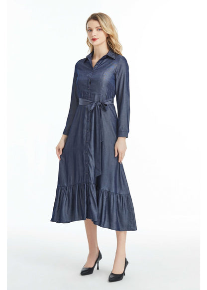 Denim Look Midi Dress with Cuffed Sleeves - MissFinchNYC